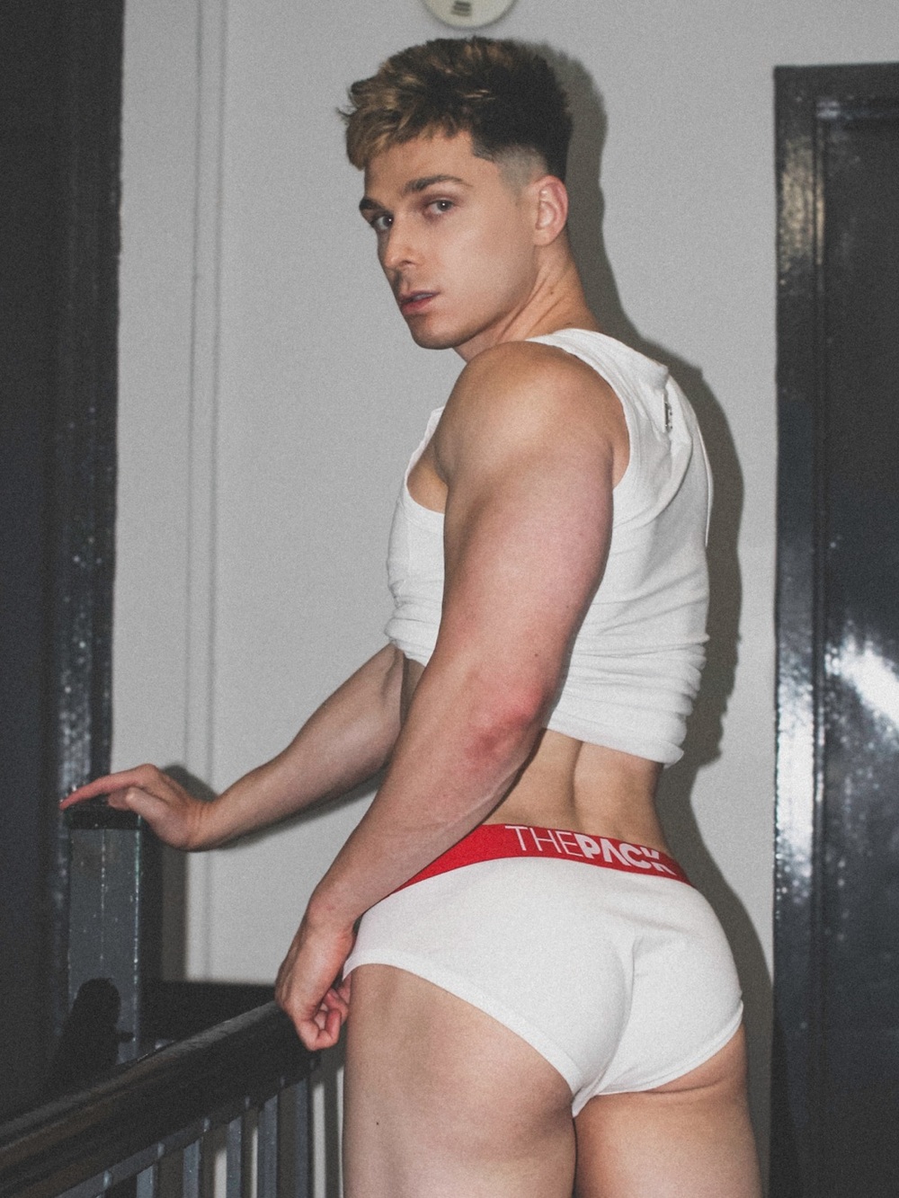Men's White Briefs with Red Waistband - Size Medium- Arm Bands Included.